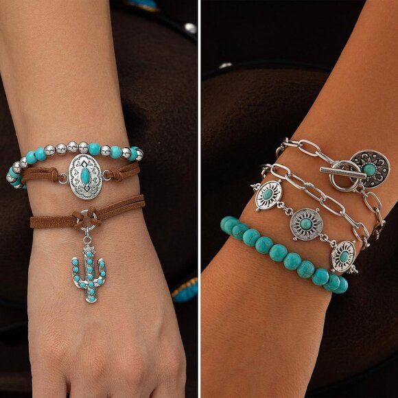 Bohemian Jewelry Set With Turquoise Necklace, Dangle Earrings, Stackable Bangle - Picture 4 of 8